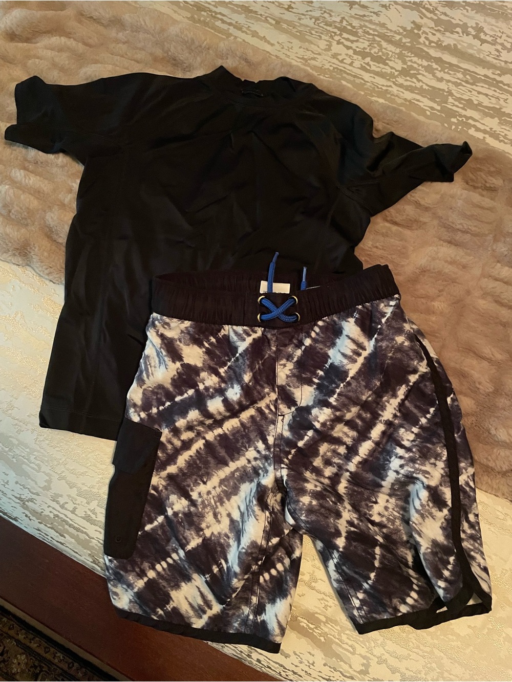 Lands' End swim trunks and rash guard
